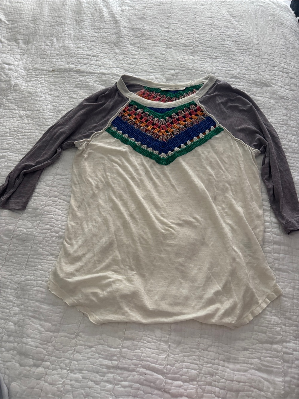 We The Free Cream Raglan Tee with Multicolor Crochet Yoke and Gray Sleeves